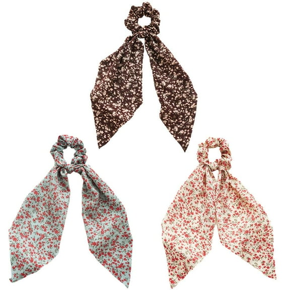 ERDOUY 3 Packs Scarf Scrunchies, Polka Dot Daisy Flower Hair Scarf Scarves, Satin Silk Long Tails Scrunchy, Bowknot Hair Bands, Elastics Ponytail Holder, Donut Hair Ties for Women Girls (Style13)