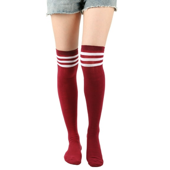 ERDOUY 3 Pairs One Size Fits Most (24in) Dark Red & White Striped Polyester Knee High Socks, Warm Fall Socks for Cheerleading Team & Outfit Matching