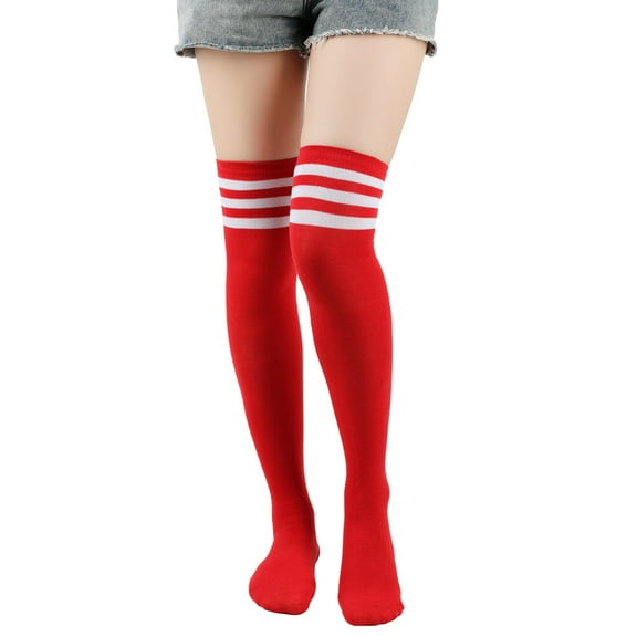 ERDOUY 3 Pairs One Size Fits Most (24in) Red & White Striped Polyester Knee High Socks, Warm Fall Socks for Cheerleading Team & Outfit Matching