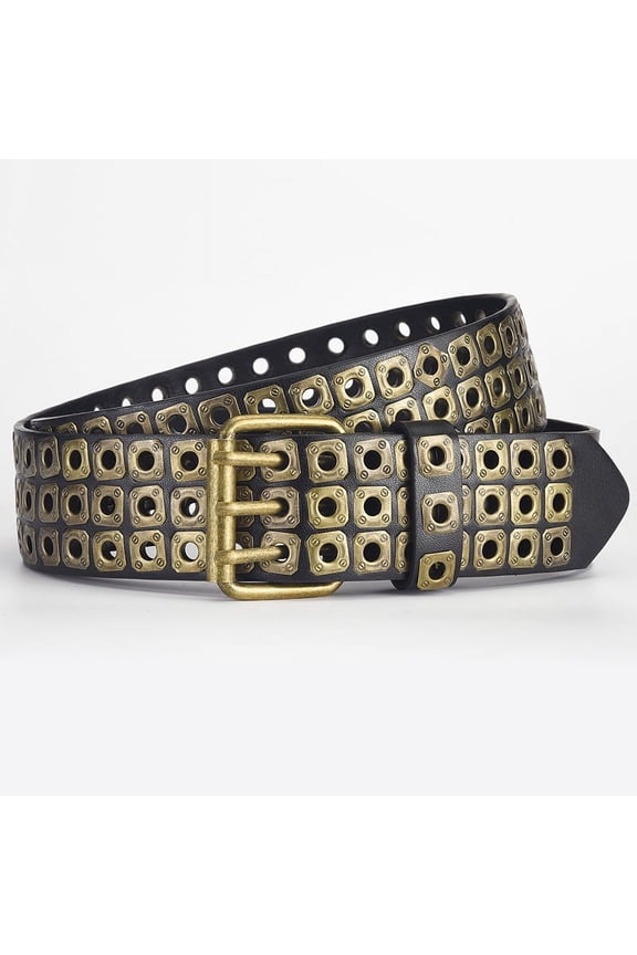 3 Row Studded Belts Punk Hip Hop Personalized Faux Leather Belts For Jeans Pants (Black Bronze)