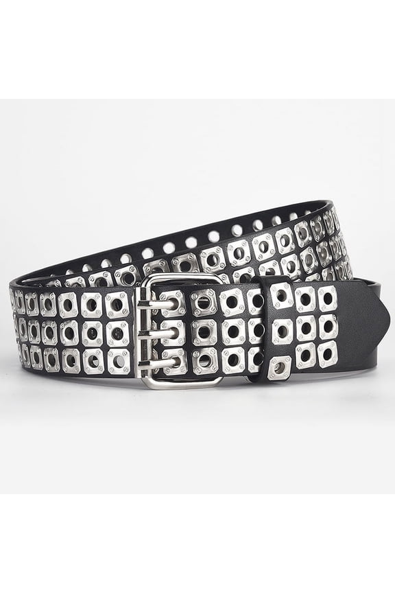 3 Row Studded Belts Punk Hip Hop Personalized Faux Leather Belts For Jeans Pants (Black)