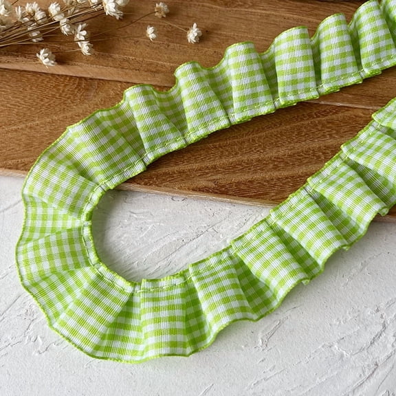 ERDOUY 3 Yards Black White Gingham Ruffle Trim 0.98 Inch Wide, Stretch Checkered Pleated Lace Ribbon, Ideal for Sewing Craft & Garment Applique Decor, Green