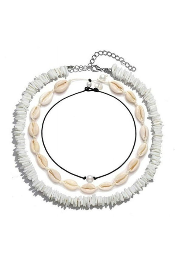 3Pcs Set - Womens Seashell Necklace, Pearl Choker, Mens Hawaiian Puca Chip White Necklace - Handmade Sea Shells Beads Women Men Necklaces Surfer Chips Beach Jewelry