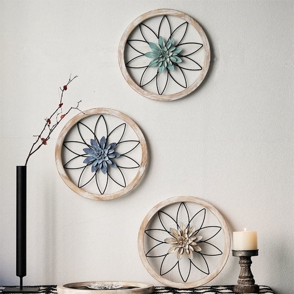 ERDOUY 3pcs Round Farmhouse Wall Decor 11.81'' Wood & Metal Rustic Wall Art for Living Room Bedroom Kitchen Bathroom Dining Room Home DecorationsGreen,Blue,Bold