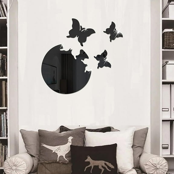 ERDOUY 4 Pcs Acrylic Mirror Wall Stickers Removable Butterfly Mirror Wall Decor Wall Stickers Decals for Home Living Room Bedroom (Black)