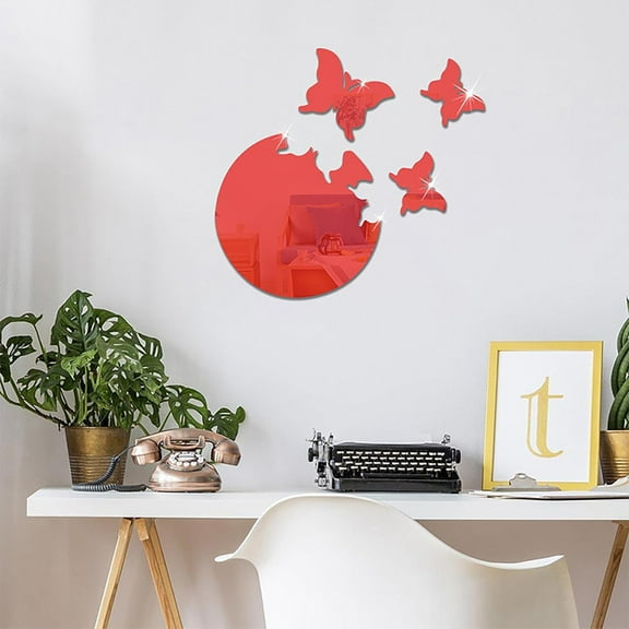 ERDOUY 4 Pcs Acrylic Mirror Wall Stickers Removable Butterfly Mirror Wall Decor Wall Stickers Decals for Home Living Room Bedroom (Red)