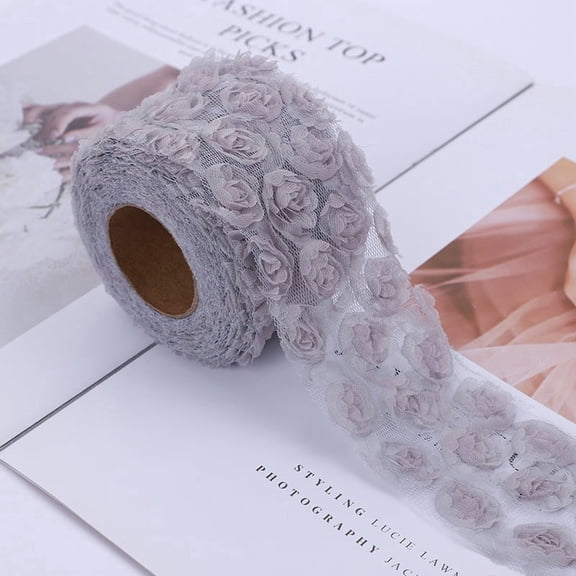 ERDOUY 5-Pack 3D Embroidered Rose Craft Fabric, 2.3636in Multi-Purpose DIY Sewing Fabric & Decorative Craft Mesh for Craft Accessories, Gray