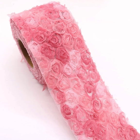 ERDOUY 5-Pack 3D Embroidered Rose Craft Fabric, 3.1536in Multi-Purpose DIY Sewing Fabric & Decorative Craft Mesh for Craft Accessories, Light Red