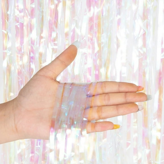 ERDOUY 5 Pack Foil Transparent Rainbow Film Curtain Tinsel Backdrop Environmental Background for Birthday Party, Wedding, Graduation, Christmas DecorationsWhite