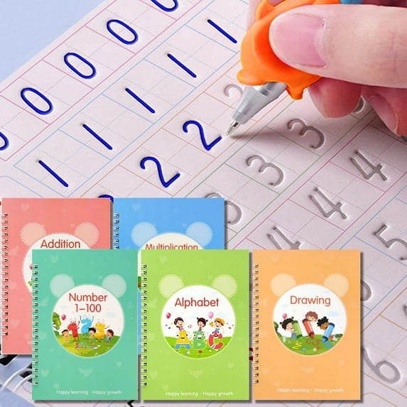 ERDOUY 5-Pack Reusable Grooved Handwriting Workbooks, Includes Pen & Refills for Learning Practice