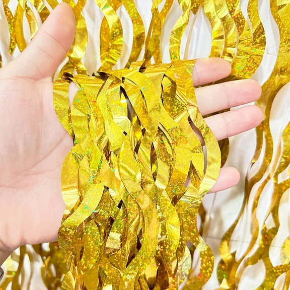 ERDOUY 5 Pack Yellow Party Foil Curtain - 3.3 ft x 6.6 ft Wavy Photo Booth Backdrop Metallic Tinsel Foil Fringe Curtains Background for Birthday Wedding Party Christmas Decorations