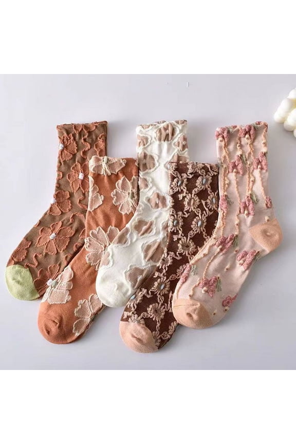 5 pairs of floral socks for women Nordic striped floral cotton socks retro cute floral sweet socks for girls 5-c