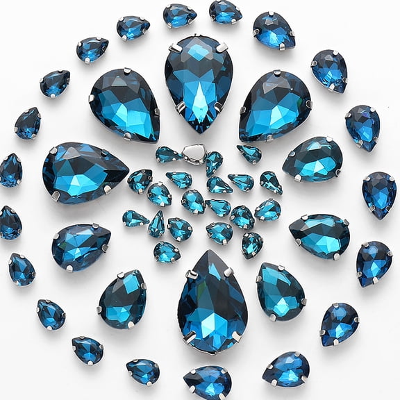 ERDOUY 50-Piece Teardrop Glass Rhinestones Set with 7 Sizes, Faceted Pointed Back Crystal Gems for DIY Jewelry Making & Craft Embellishments, Peacock Blue