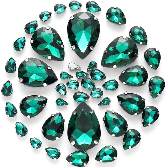 ERDOUY 50-Piece Teardrop Glass Rhinestones Set with 7 Sizes, Faceted Pointed Back Crystal Gems for DIY Jewelry Making & Craft Embellishments, Peacock Green