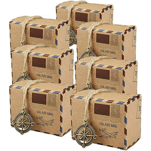 ERDOUY 50 Sets Airplane Air Mail Themed Suitcase Candy Boxes,Vintage Kraft Paper Gift Bag for Travel Theme Party,Wedding,Birthday,Bridal Shower,Baby Shower