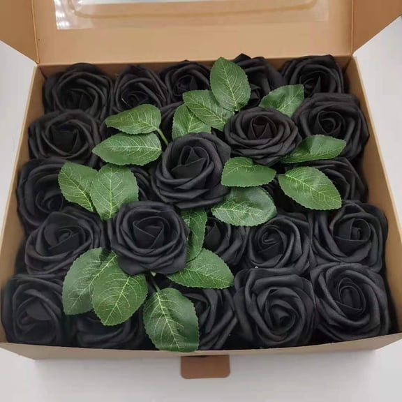 ERDOUY 50Pcs Artificial Roses Bulk 2 Boxes, Realistic Lifelike Faux Roses, Long-Lasting Eternal Fake Roses for Home Wedding Party & Floral Decoration, Black