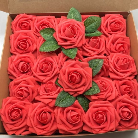 ERDOUY 50Pcs Artificial Roses Bulk 2 Boxes, Realistic Lifelike Faux Roses, Long-Lasting Eternal Fake Roses for Home Wedding Party & Floral Decoration, Red