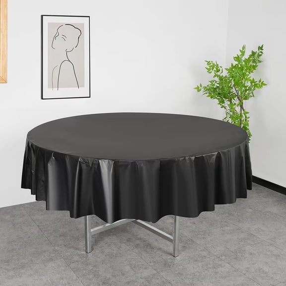 ERDOUY 5pcs Black 83.85 Inch Disposable Plastic Tablecloths Round Table Cloth Plastic Table Cover for Parties