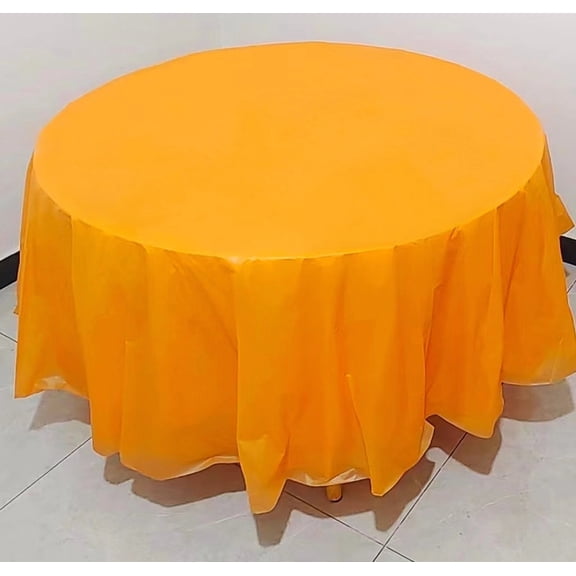 ERDOUY 5pcs Orange 83.85 Inch Disposable Plastic Tablecloths Round Table Cloth Plastic Table Cover for Parties