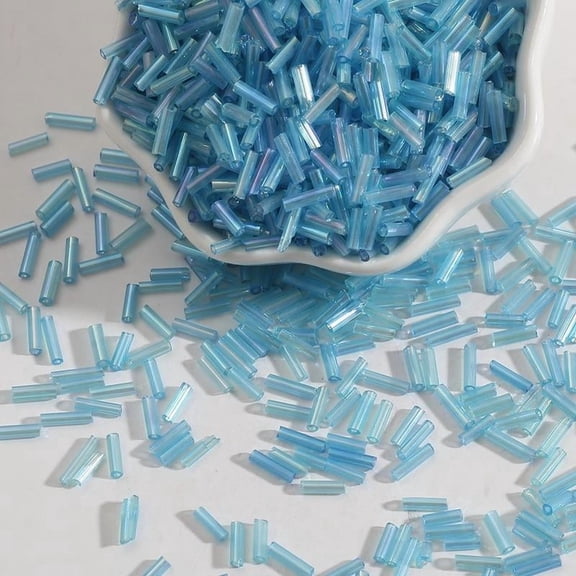 ERDOUY 600 Pieces Iridescent Lake Blue Tube Beads, 2x7mm Glossy Glass Bugle Beads 30g Mini Long Seed Beads for Hand Embroidery Jewelry Craft Creation