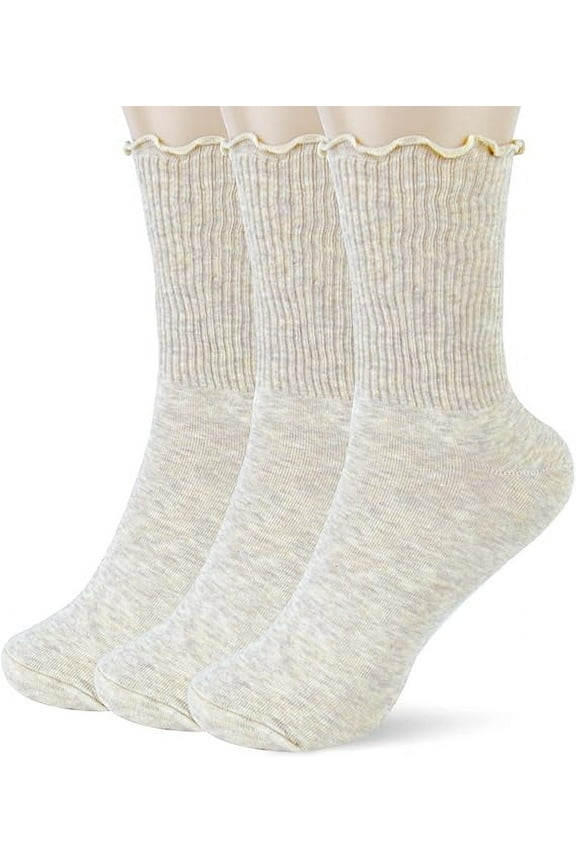 6pcs Womens Cotton Socks - Ruffle Turn Cuff Sock - Casual Crew Frilly SockMilky white