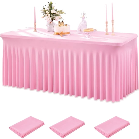 ERDOUY 8ft Spandex Table Cloth for Standard Folding Tables-3Pack Pink Table Cloth Table Protector for Party, Wedding, Cocktail, Banquet, Festival