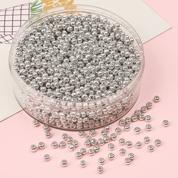 ERDOUY 990PCS 3mm Metallic Glass Seed Beads, Small Round Pony Spacer Beads with 0.8mm Hole for DIY Jewelry Craft Making, Silver