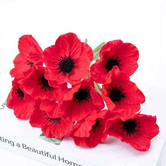 ERDOUY Anemone - 10 PCS Bouquet Real Touch Artificial Flowers for Floral Arrangements and Home Decor (11.5 Inches) (Red)