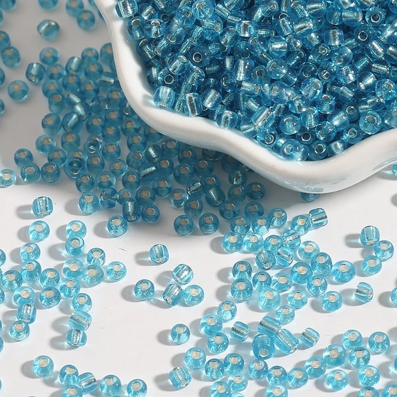 ERDOUY Approx 1000-Piece 3mm Silver Lined Glass Seed Beads, Crystal Clear Transparent Uniform Beads for DIY Jewelry & Craft Making Projects, Lake Blue