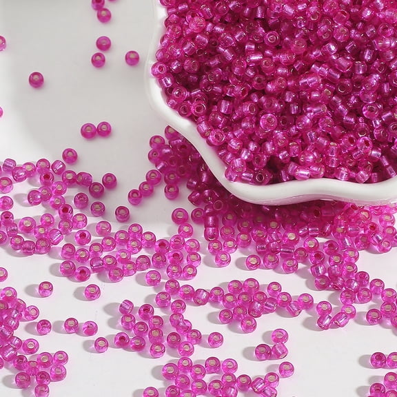 ERDOUY Approx 1000-Piece 3mm Silver Lined Glass Seed Beads, Crystal Clear Transparent Uniform Beads for DIY Jewelry & Craft Making Projects, Rose Red