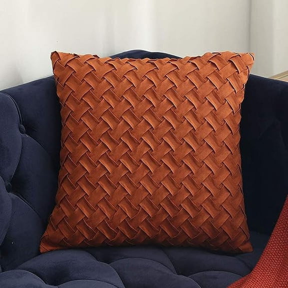 ERDOUY Basket Weave Pattern Decorative Throw Pillow Cover Super Soft Suede Solid Square Accent Cushion Case for Couch Sofa Car (Brick-red,18"x18")