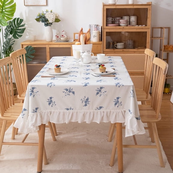 ERDOUY Blue and White Porcelain All Cotton Embroidered Tablecloth Waterproof and Oil proof Lotus Leaf Edged Tea Table Tablecloth Decoration (blue, 200 * 140cm)