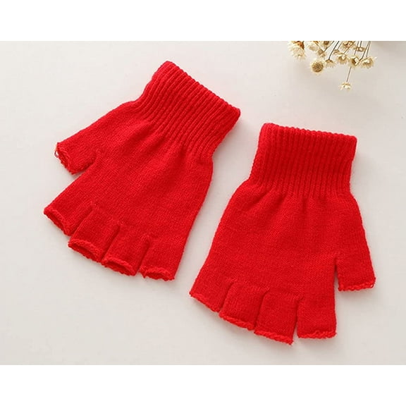 ERDOUY Boys' and Girls' Solid Knitted Half Finger Mittens Typing Gloves, Small