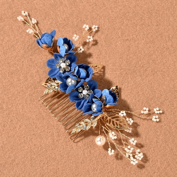 ERDOUY Bridal Flower Wedding Hair Pins Crystal Pearl Hair Combs Clips Headpiece Gold Wedding Hair Accessories Jewelry with Rhinestone for Brides Bridesmaids Women Girls (Dark Blue)