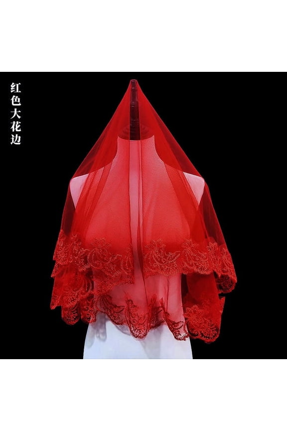 Brides Wedding Veil with Phoenix Crown and Red Semi-Transparent Traditional Chinese Xiuhe DressRed G