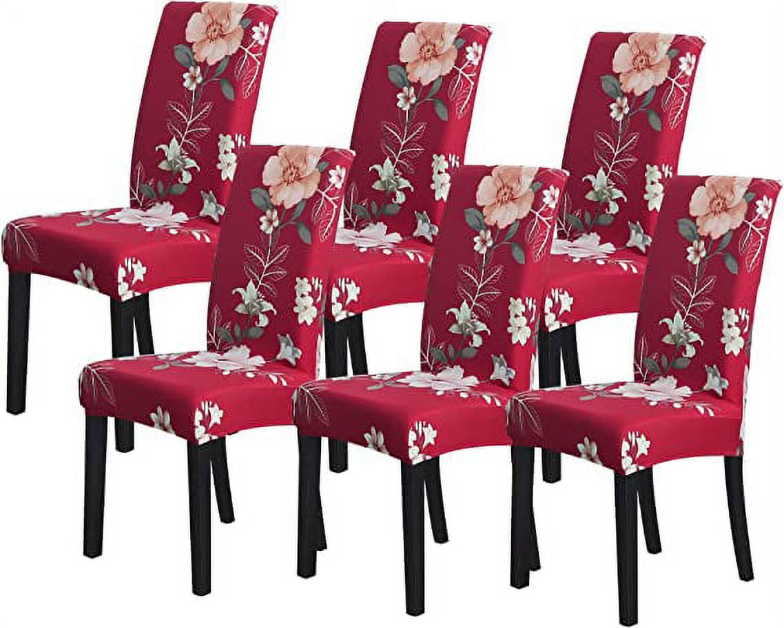 Set of 6 Beige Floral Stretch Dining Chair Covers