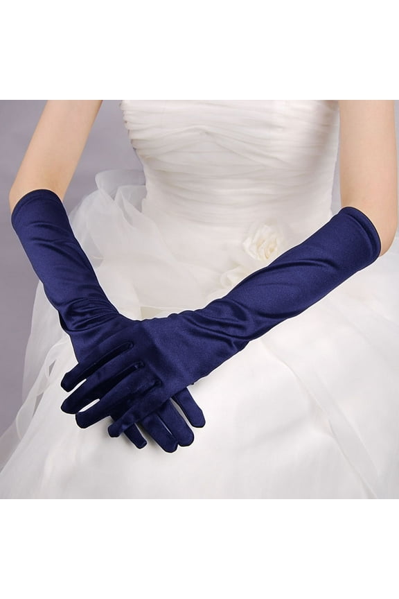 Classic Adult Size Long Opera Length Satin Gloves 15"Navy Blue