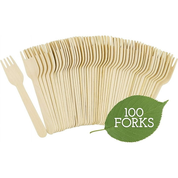 ERDOUY Disposable Wooden Forks - 100 Piece - 6" Length Eco Friendly Biodegradable Compostable Wooden Cutlery Set Wooden Utensils