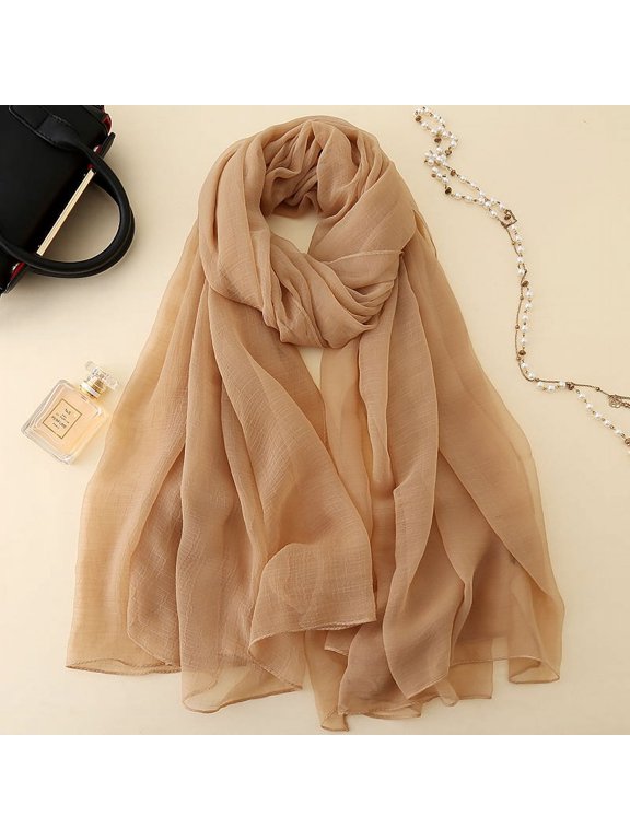 Elegant Personalized Scarf, New Chiffon Solid Color Scarf Wrinkled Scarf Beach Scarf Long Shawl Scarf (Light Brown)