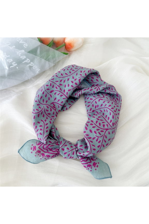 Elegant Personalized Scarf Small Square Scarf Spring New European and American Headband Versatile Printed Cotton and Hemp Scarf -1 Piece (Light Blue)