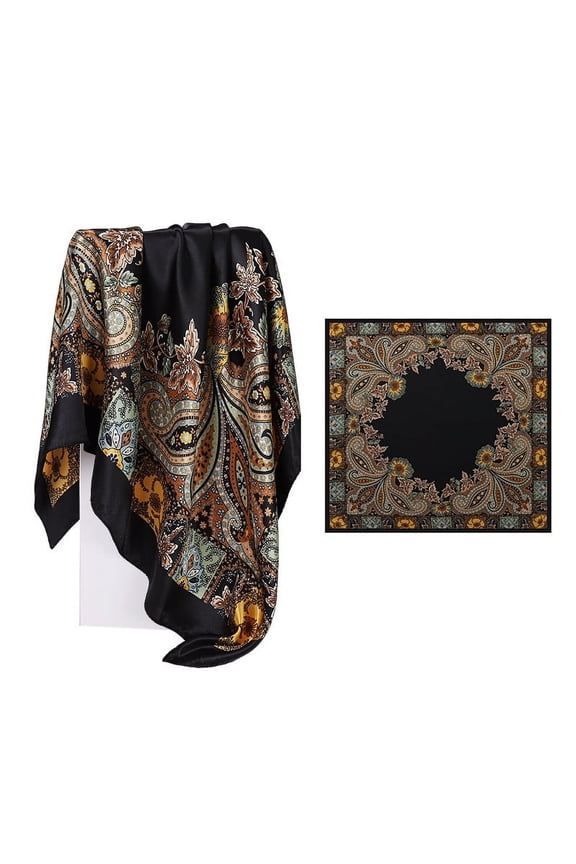 Elegant Personalized Scarf Square, Spring New Versatile 90cm Large Square Scarf Classic Retro Print Scarf -1 Piece (Black)