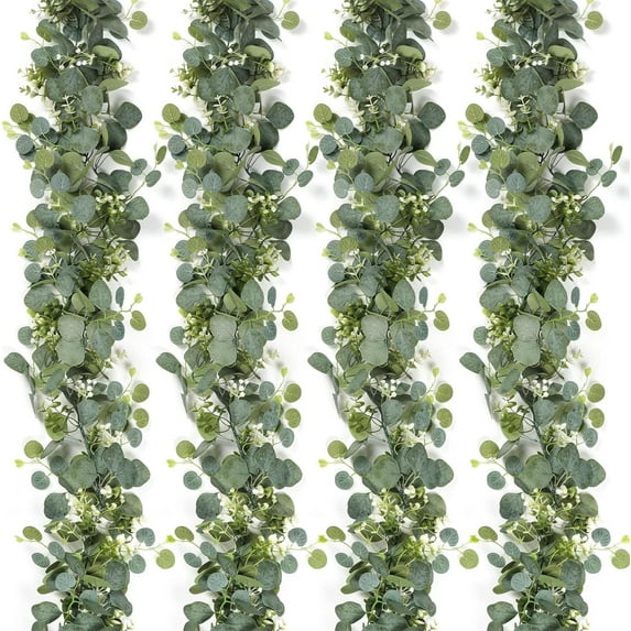 ERDOUY Eucalyptus Garland with White Flowers 4 Packs 5.9Ft Silver Dollar Eucalyptus Leaves Gypsophila Garland Artificial Greenery Vines