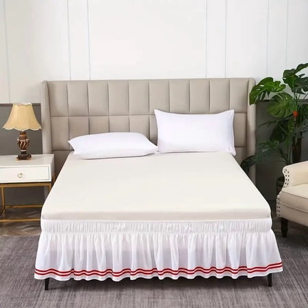 ERDOUY Full Bed Skirt ,Breathable Wrinkle-Resistant Striped Bed Skirt, Full Size 54×75 Inch Elastic Wrap Around Detachable 15 Inch Drop, White & Red, 1 Piece