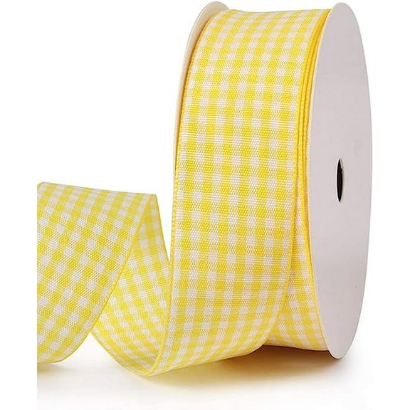 ERDOUY Gingham Ribbon Checkered Ribbon 1-Inch Wide Taffeta Plaid Ribbon 25 Yard Long 100% Polyester Woven Edge (Yellow, 1 Inch)