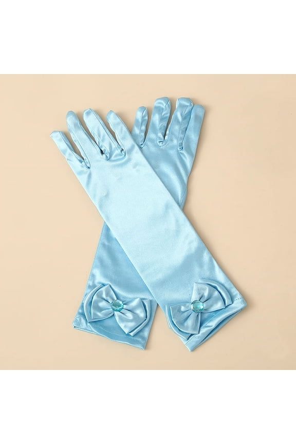 Girls Princess Gloves,Girl White Long Satin Princess Dress Up Diamonds Bows Gloves for Birthday,Wedding, Costume Party,Blue