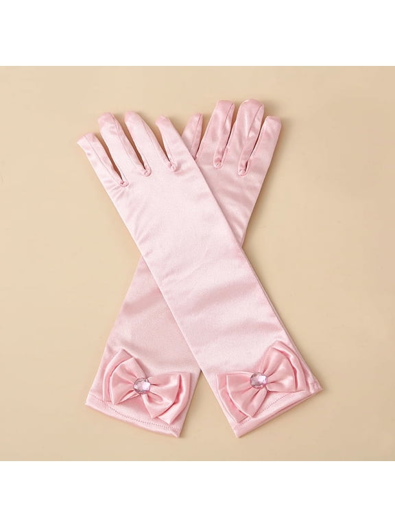 Girls Princess Gloves,Girl White Long Satin Princess Dress Up Diamonds Bows Gloves for Birthday,Wedding, Costume Party,Pink