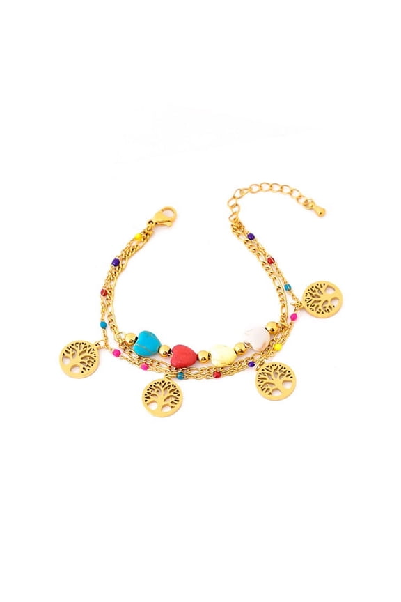 Handmade Beaded Bracelet, Suitable for Both Men and Women, Double layered Colored Stone Life Tree Bracelet, Stainless Steel Hollow Heart Pearl Colored Bracelet (Gold)