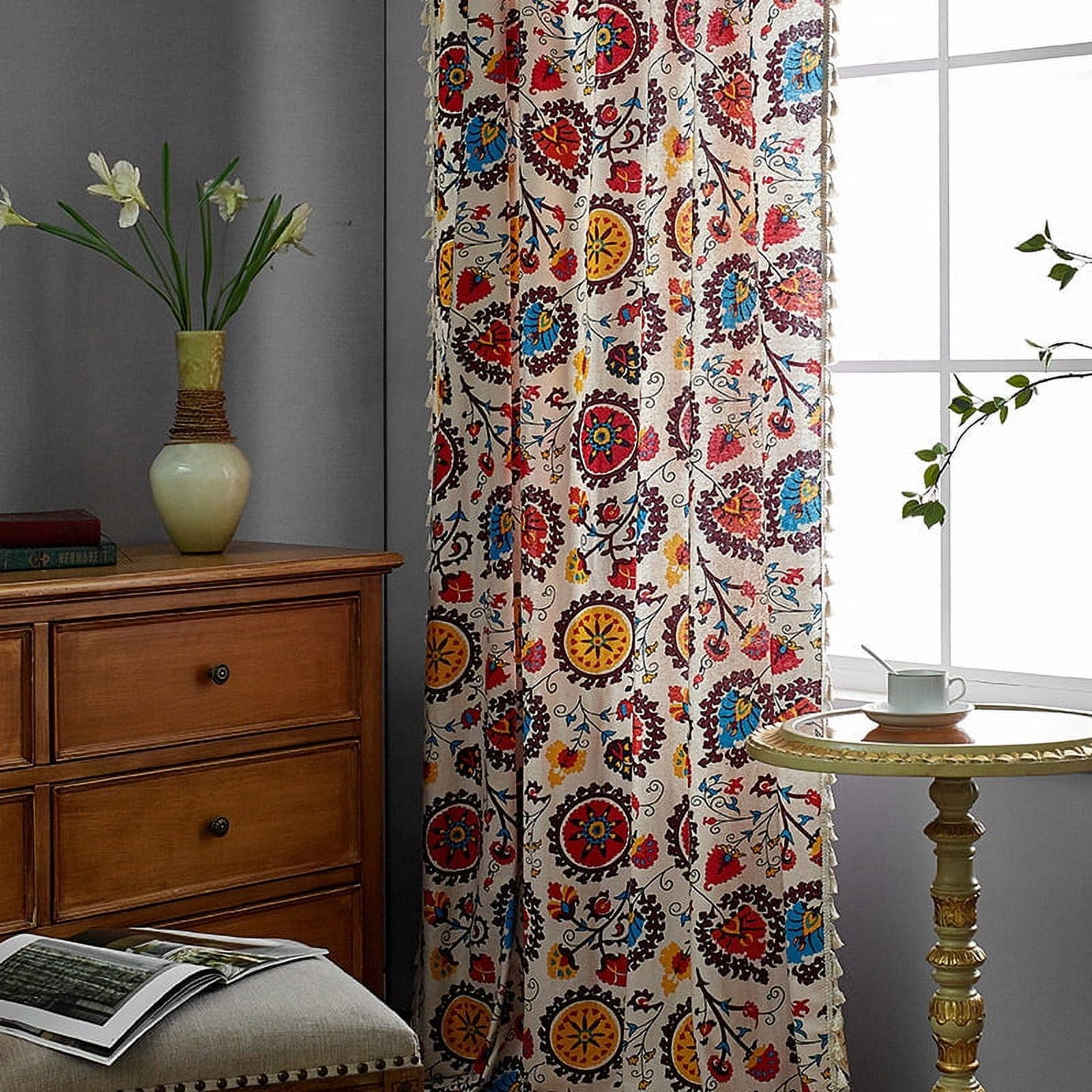 ERDOUY Home Curtains for Bedroom Living Room,Semi-Blackout Country Cotton and linen Vintage Chic Tassels Hollow Window Treatment Rod Pocket Drape（2 Panel，86.6*57in,A70）