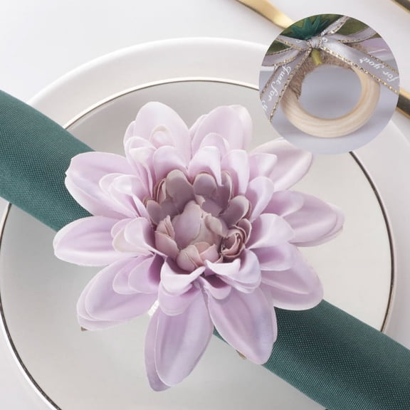ERDOUY Home Hotel Restaurant Desktop Decoration Napkin Rings, New Napkin Buckles Simulated Flower Wooden Rings Dinner Decoration Napkin Rings -6 pieces (Light Purple, Wooden Rings)