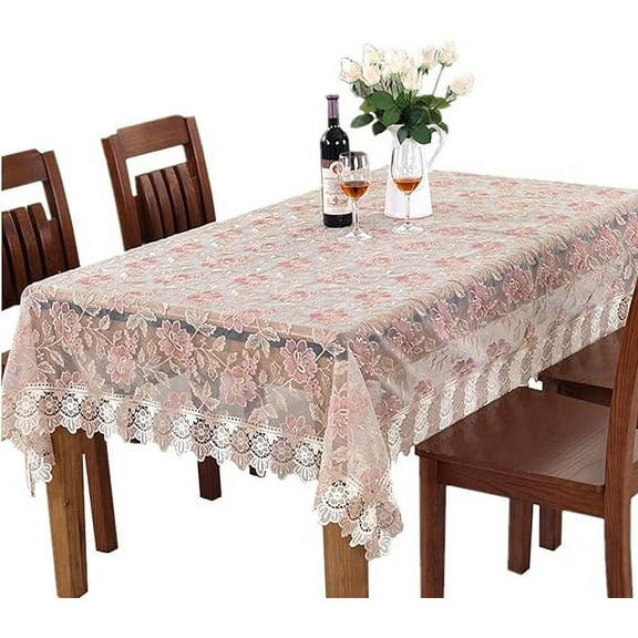 ERDOUY Lace Polyester Tablecloth Embroidery Rectangle Table Cloths for Party Wedding Kitchen Dining Home Decorations, 52 x 70 Inch, Pink